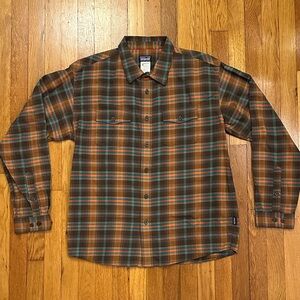 Patagonia Men’s Large Brown, Orange, and Blue Plaid Flannel Long-Sleeve Shirt